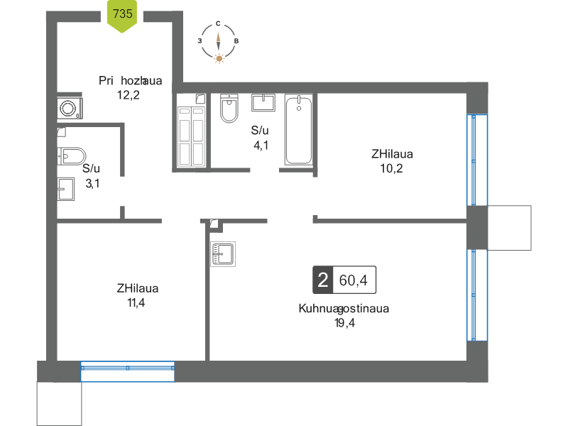 3 ккв (Евро) 60,4 м²