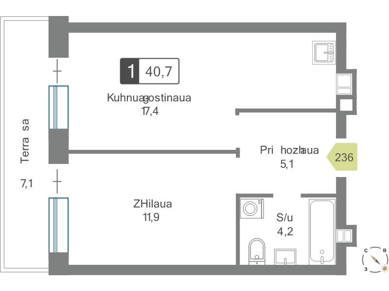 2 ккв (Евро) 40,7 м²