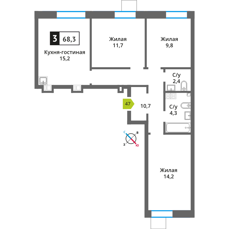 4 ккв (Евро) 68,3 м²