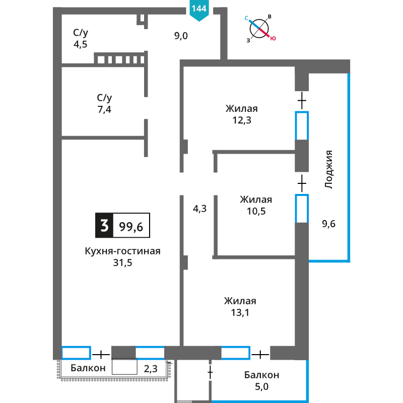 4 ккв (Евро) 92,6 м²