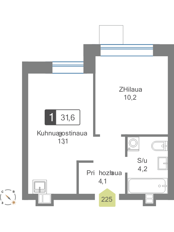 1 ккв 31,6 м²