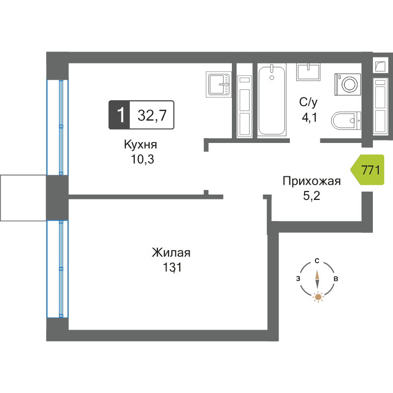 1 ккв 32,7 м²