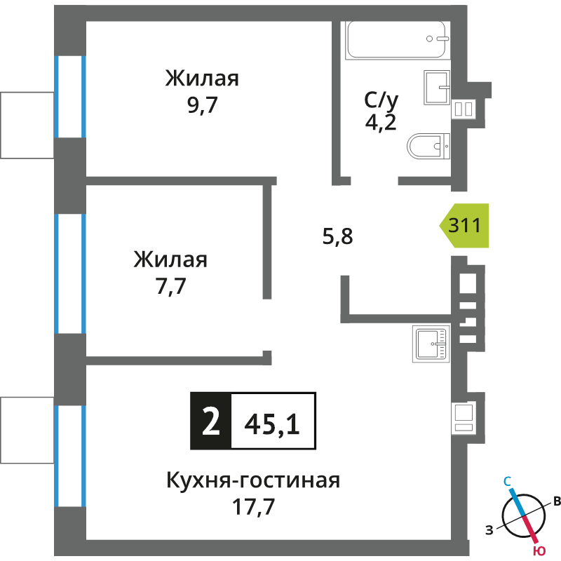 3 ккв (Евро) 45,1 м²