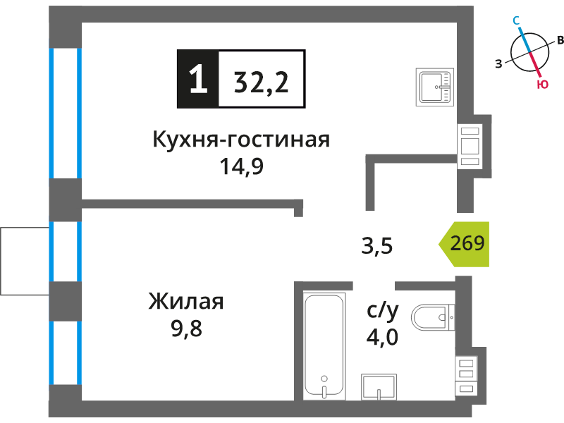 2 ккв (Евро) 32,2 м²