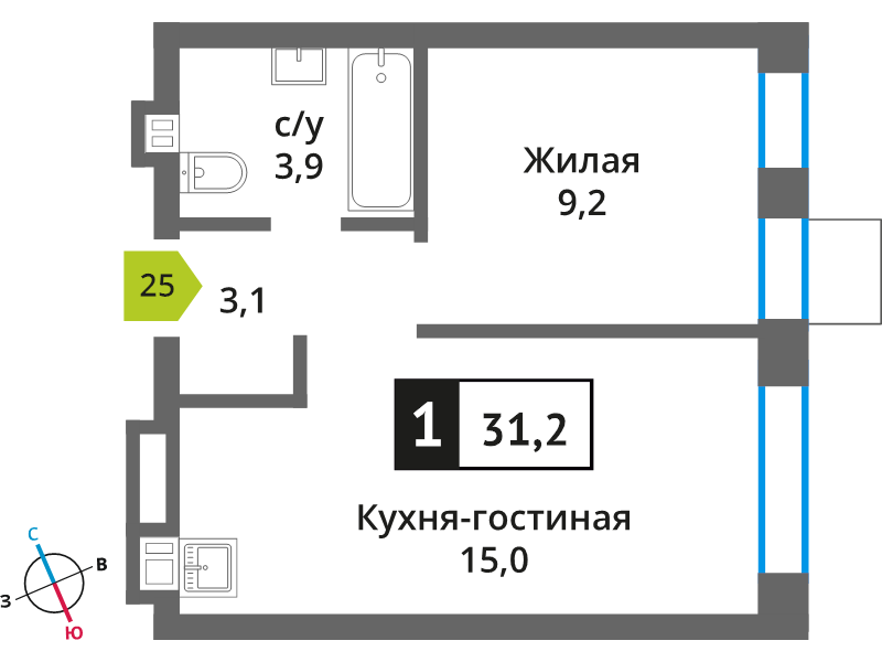 2 ккв (Евро) 31,2 м²