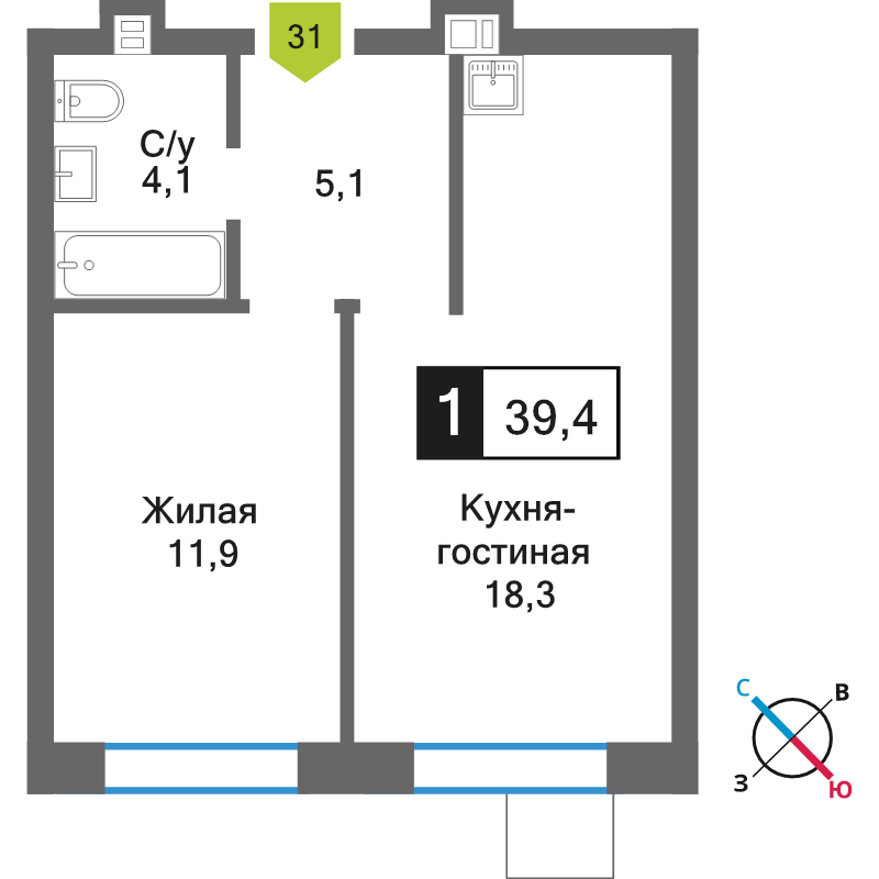 2 ккв (Евро) 39,4 м²