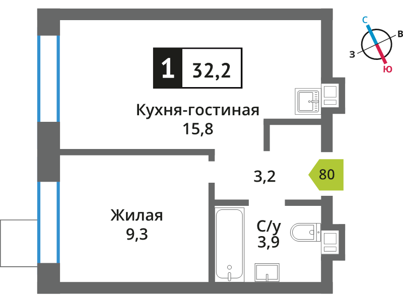 2 ккв (Евро) 32,2 м²