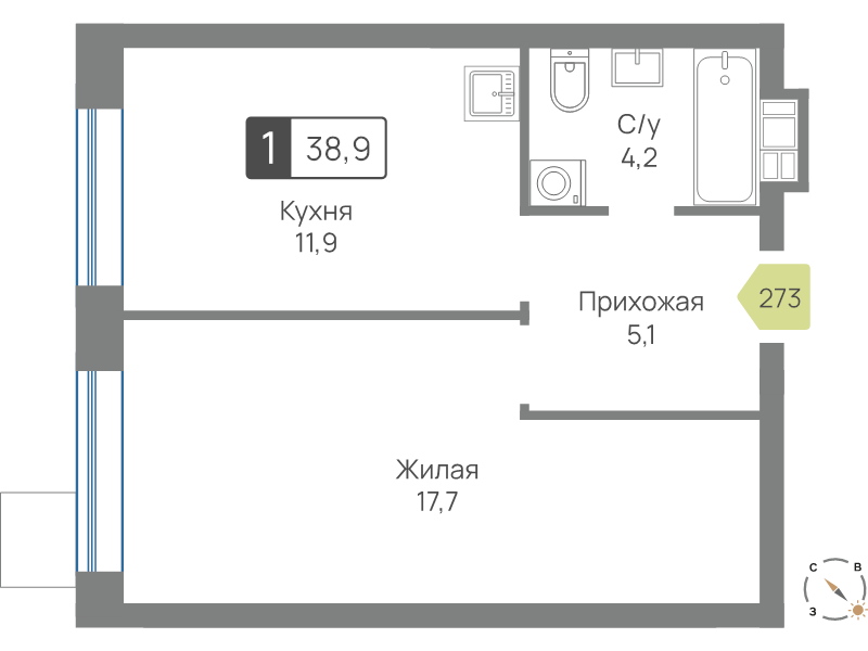 1 ккв 38,9 м²