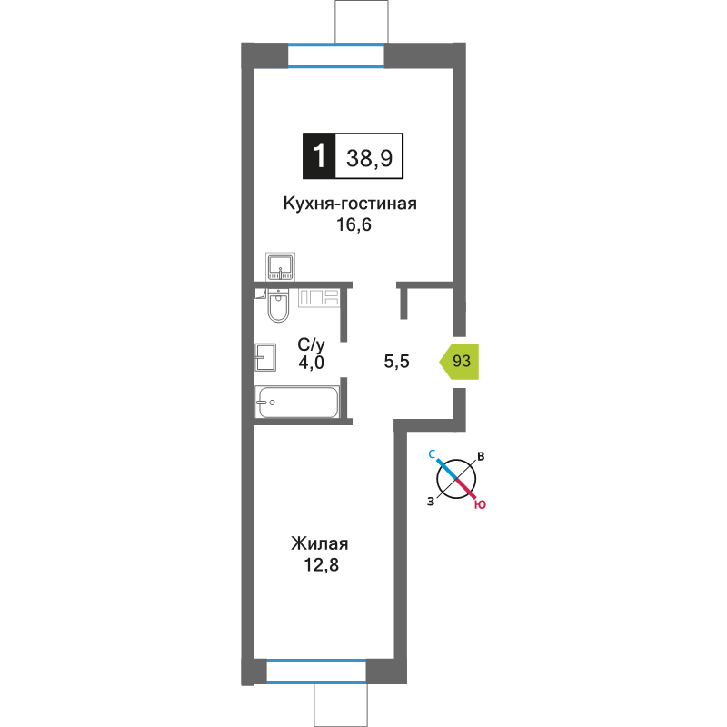 2 ккв (Евро) 38,9 м²