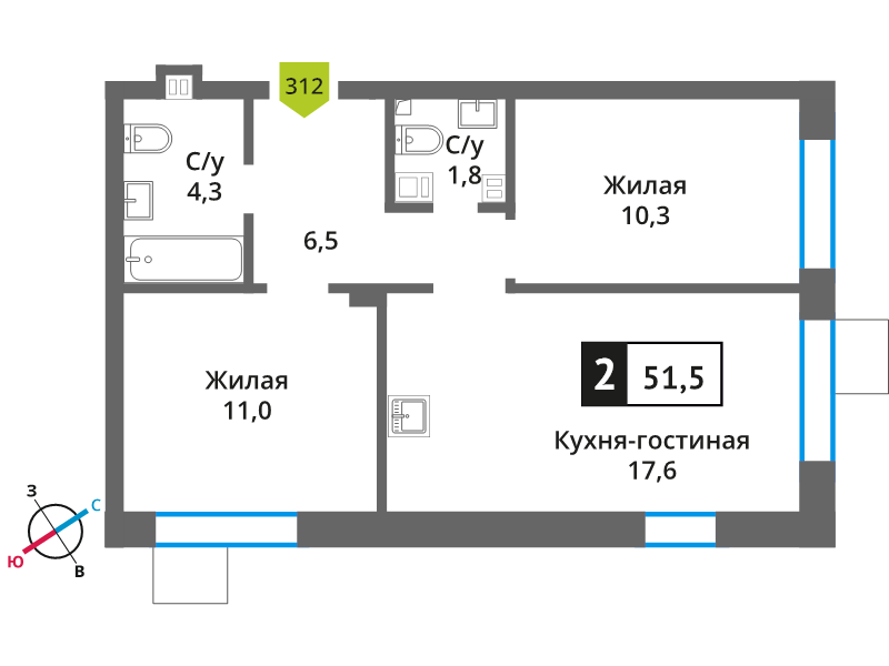 3 ккв (Евро) 51,5 м²