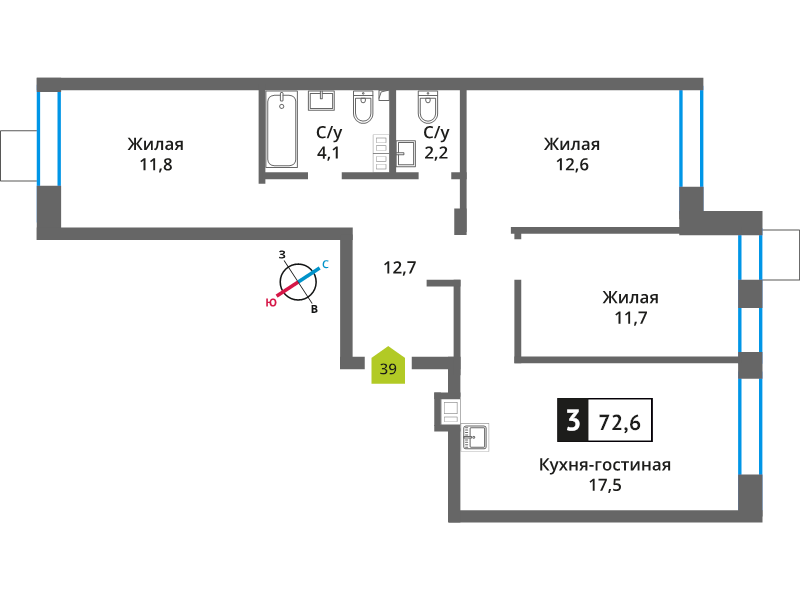 4 ккв (Евро) 72,6 м²