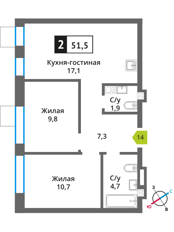 3 ккв (Евро) 51,5 м²