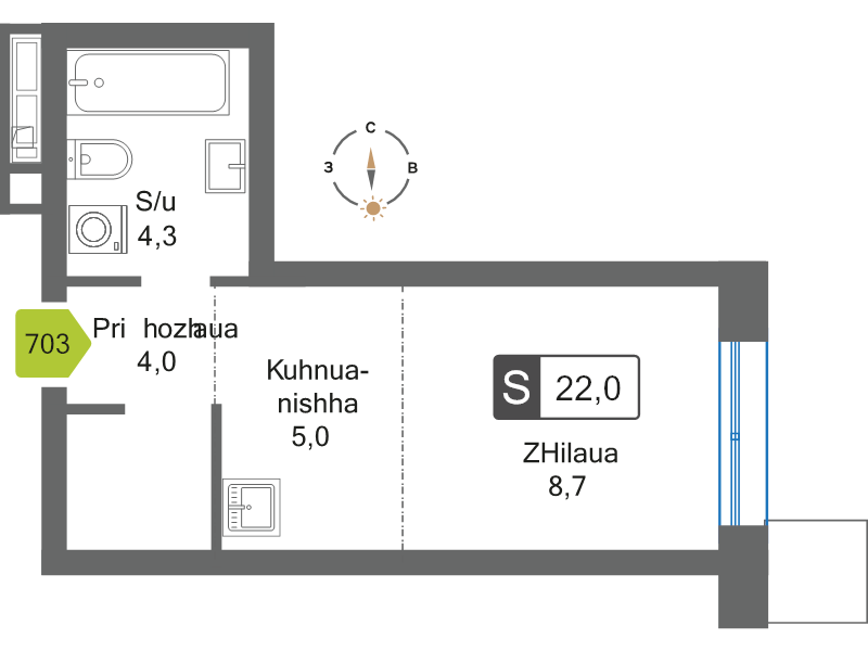 Студия 22,1 м²