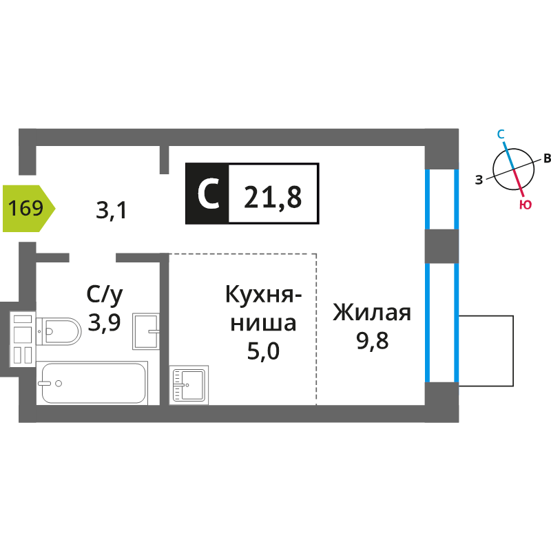 Студия 21,8 м²