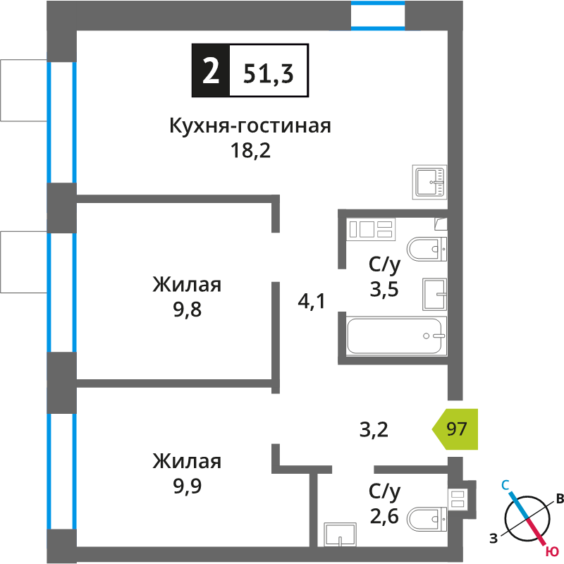 3 ккв (Евро) 51,3 м²