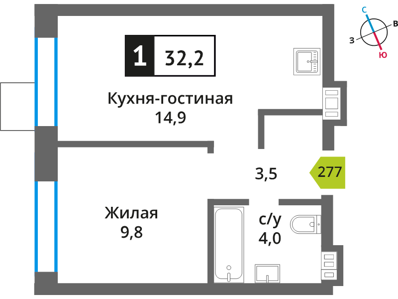 2 ккв (Евро) 32,2 м²