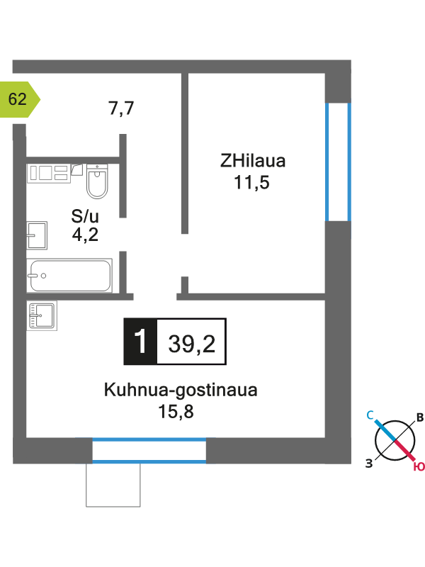 2 ккв (Евро) 39,2 м²