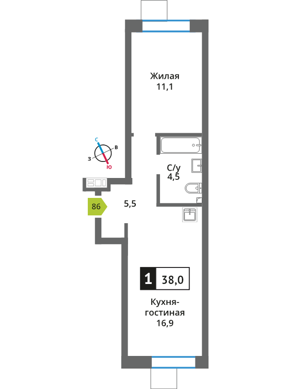 2 ккв (Евро) 38 м²