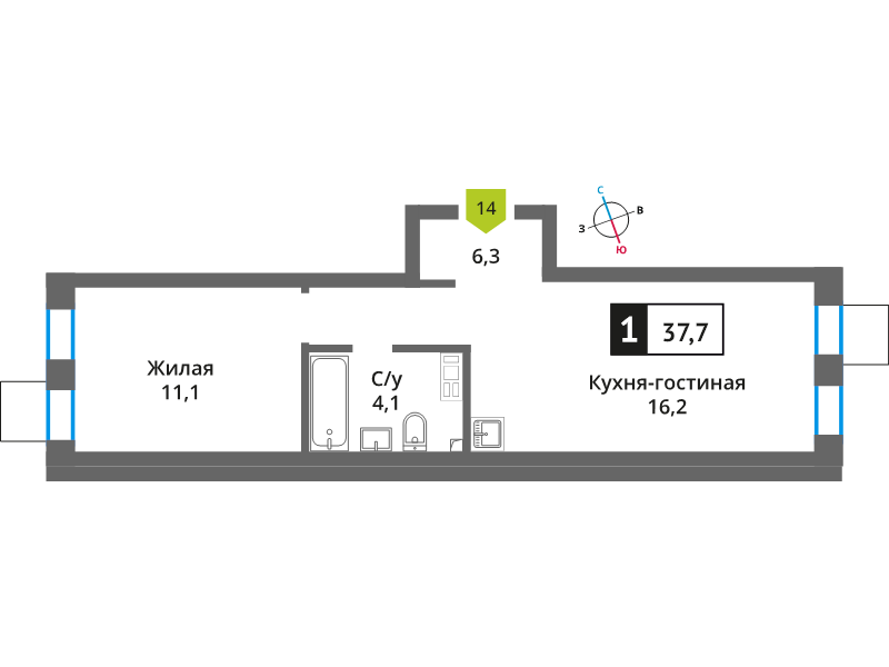 2 ккв (Евро) 37,7 м²