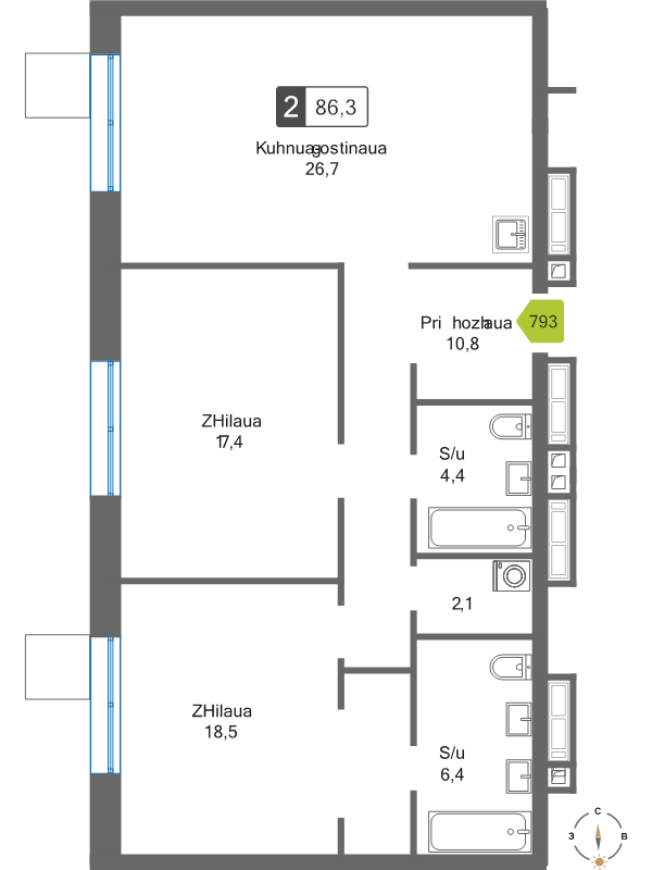 3 ккв (Евро) 86,3 м²