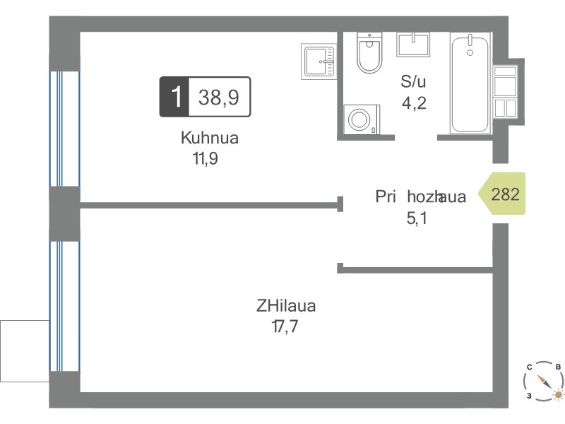 1 ккв 38,9 м²