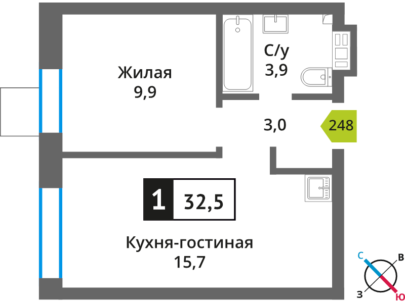 2 ккв (Евро) 32,5 м²