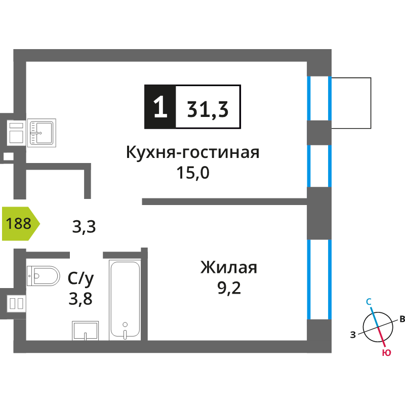2 ккв (Евро) 31,3 м²