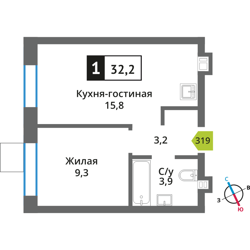 2 ккв (Евро) 32,2 м²