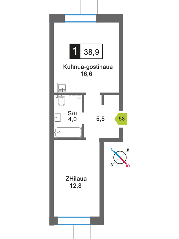 2 ккв (Евро) 38,9 м²