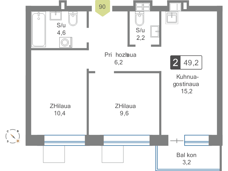 3 ккв (Евро) 49,2 м²