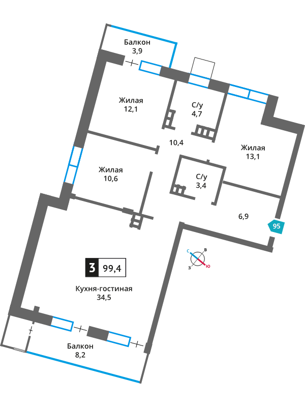 4 ккв (Евро) 95,7 м²