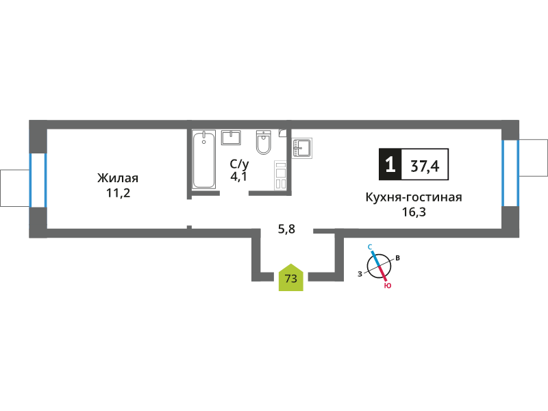 2 ккв (Евро) 37,4 м²