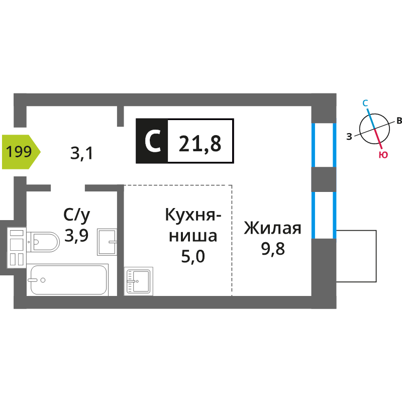 Студия 21,8 м²