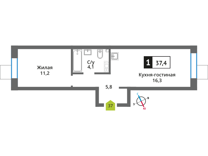 2 ккв (Евро) 37,4 м²