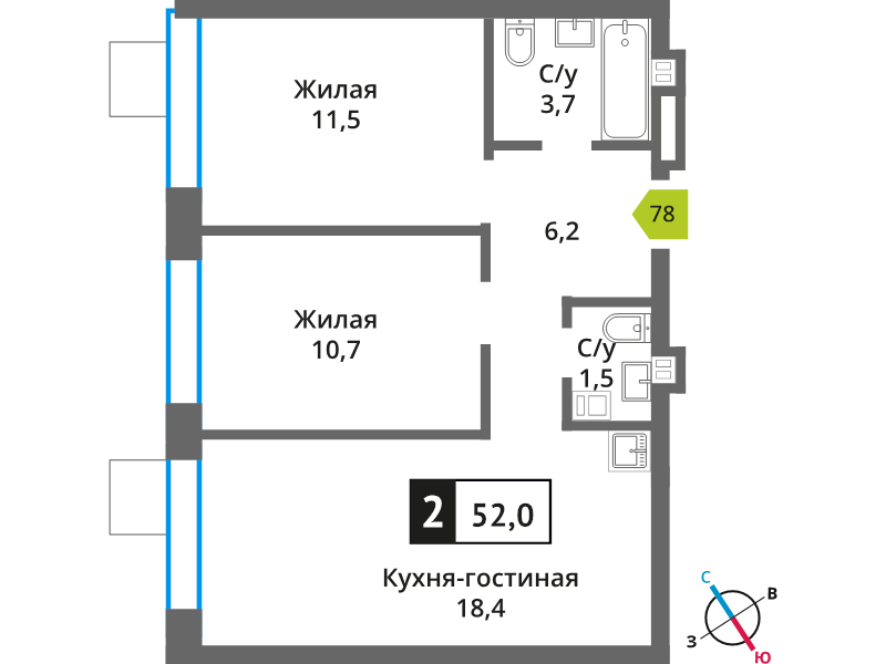 3 ккв (Евро) 52 м²