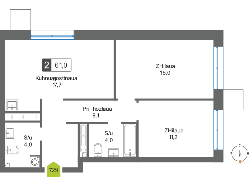 3 ккв (Евро) 61 м²