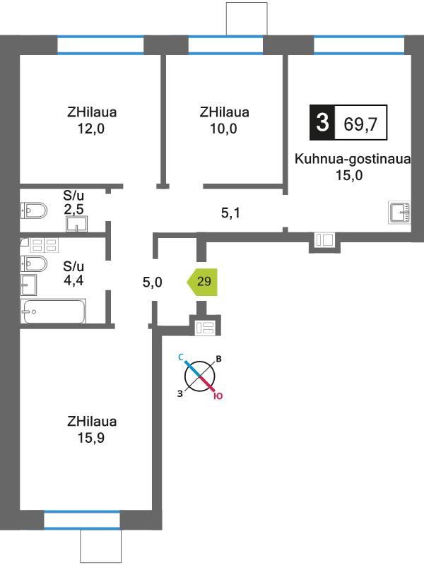 4 ккв (Евро) 69,9 м²