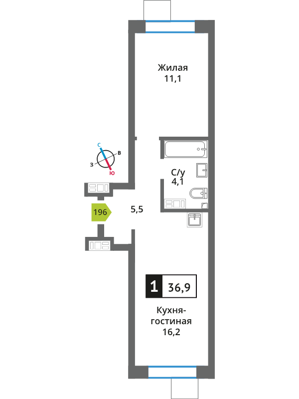 2 ккв (Евро) 36,9 м²