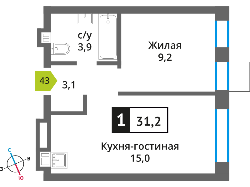 2 ккв (Евро) 31,2 м²