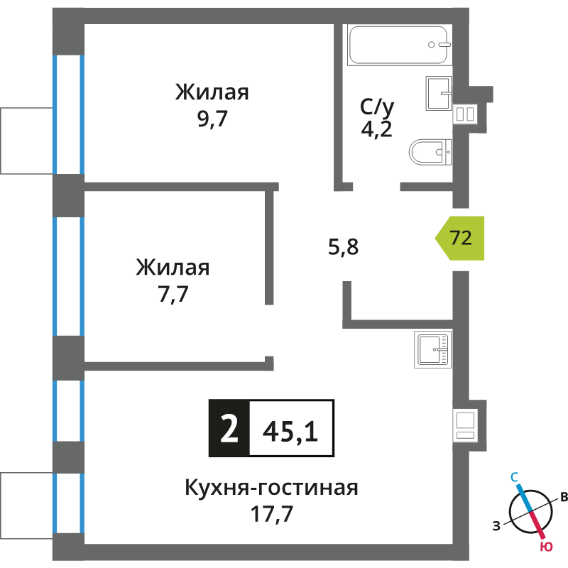 3 ккв (Евро) 45,1 м²