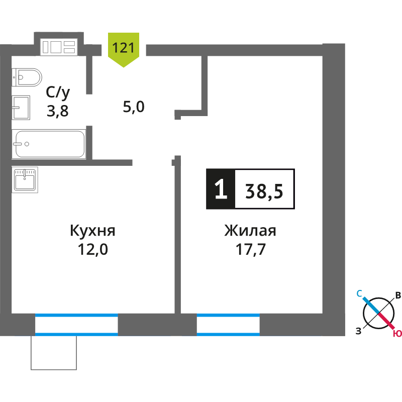 1 ккв 38,5 м²