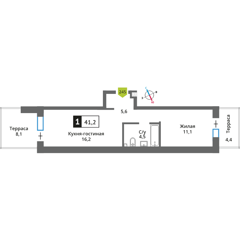 2 ккв (Евро) 41,2 м²
