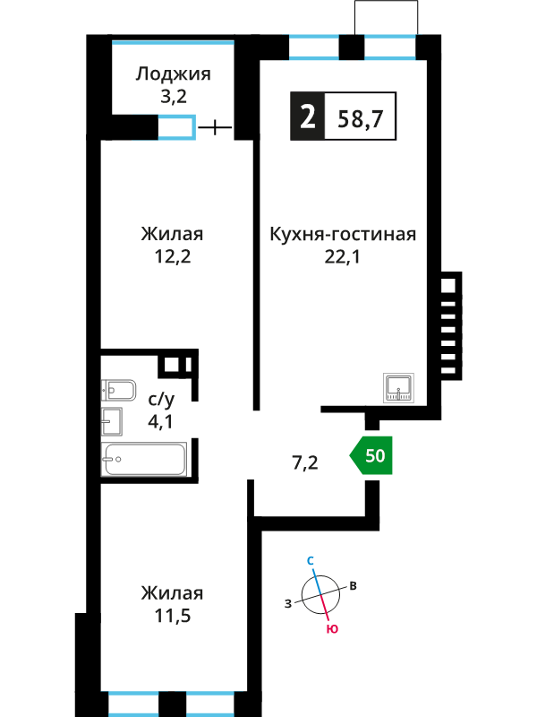 3 ккв (Евро) 57,1 м²