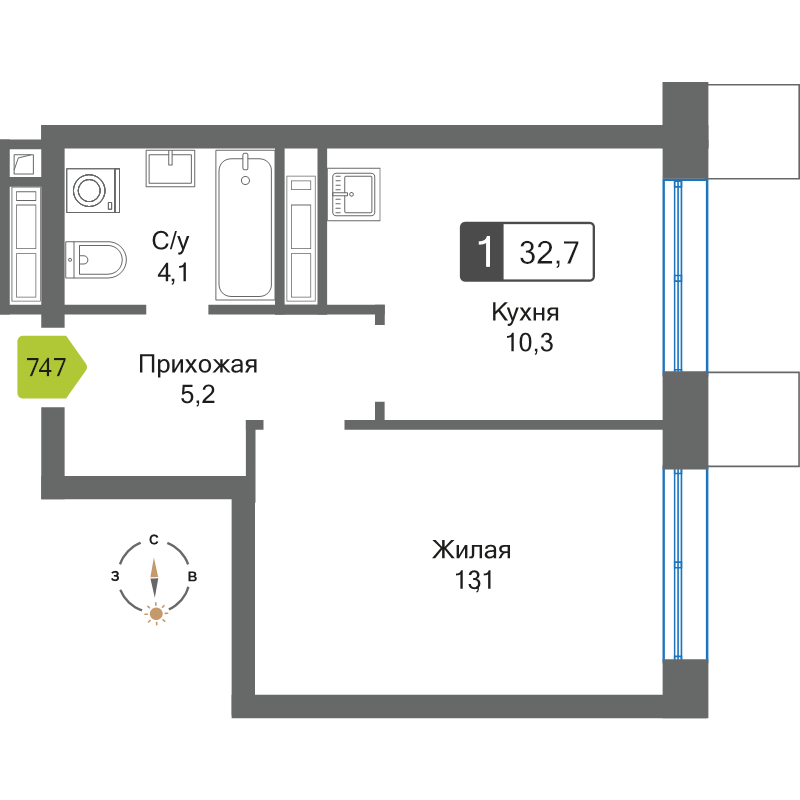 1 ккв 32,7 м²
