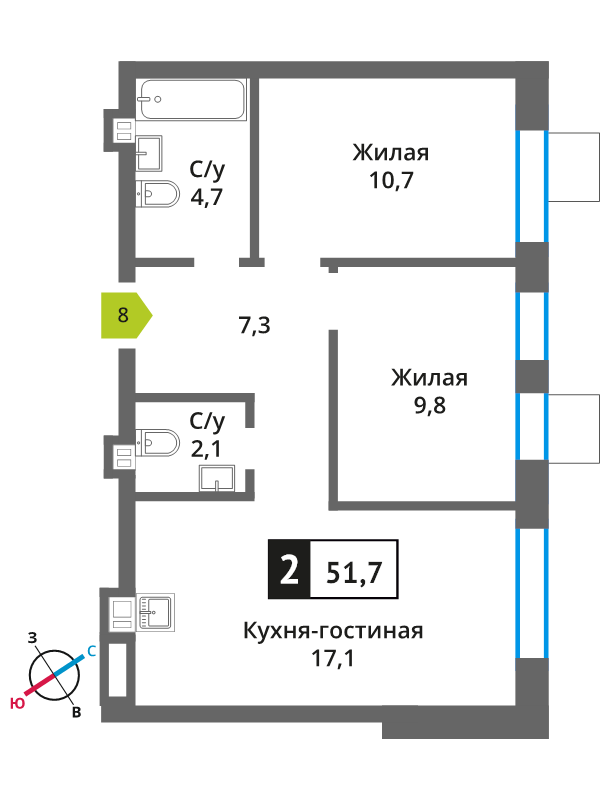 3 ккв (Евро) 51,7 м²