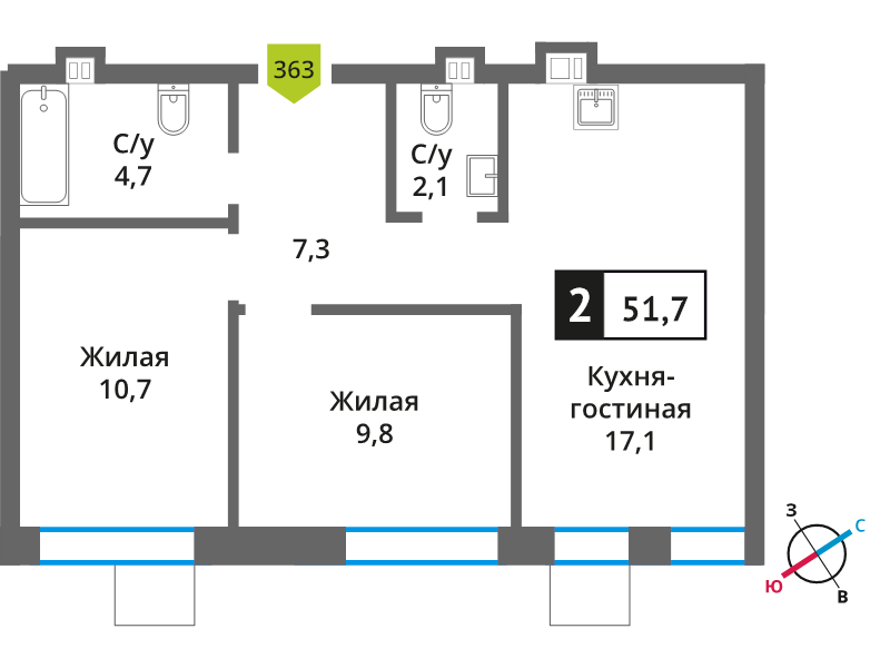 3 ккв (Евро) 51,7 м²