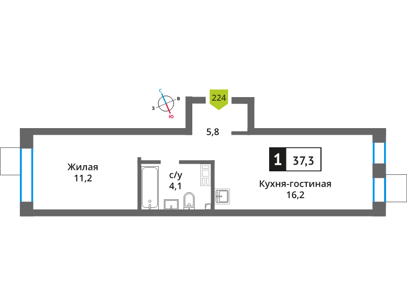 2 ккв (Евро) 37,3 м²