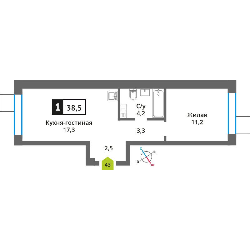 2 ккв (Евро) 38,2 м²