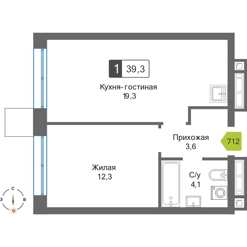 2 ккв (Евро) 39,3 м²
