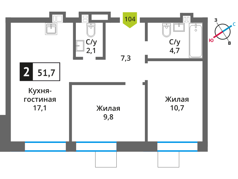 3 ккв (Евро) 51,7 м²